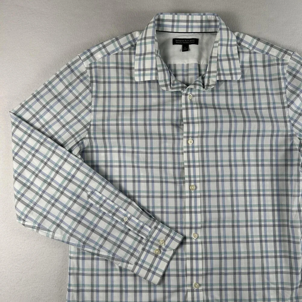Banana Republic Dress Shirt Mens 16-16.5 L Blue Plaid Slim Fit Non Iron